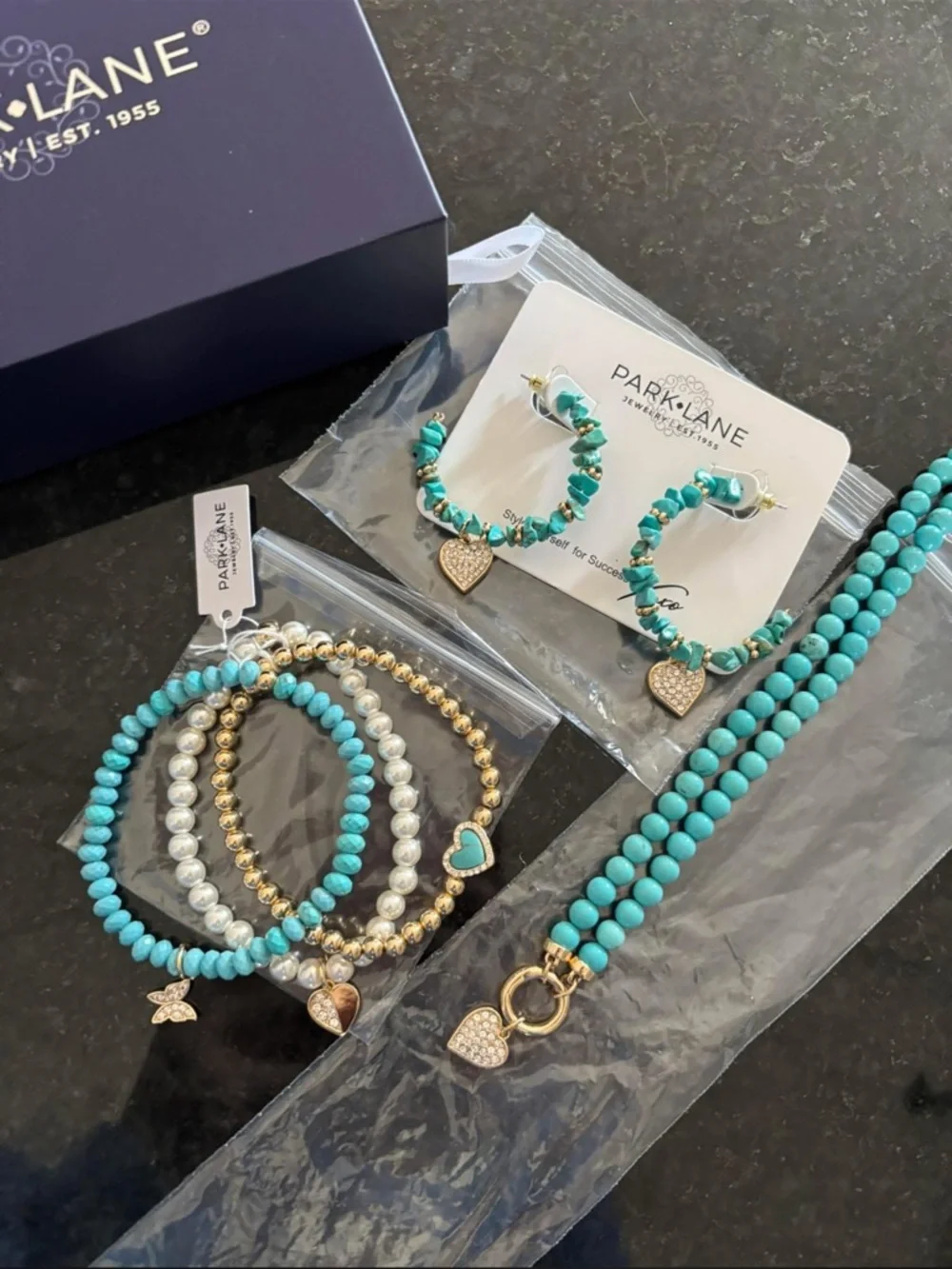 BNIB!!! Park Lane Turquoise and Gold Heart Charm Bracelet & Earring Set - Picture 1 of 4